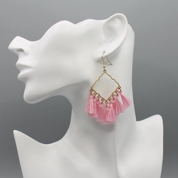 Jewelry earrings tassel statement drop dangle pink yellow gold tone boho new - Picture 3 of 8